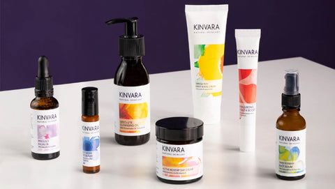 kinvara skincare range on white and blue background