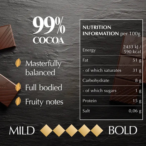 A dark chocolate product graphic on a black slate background with text reading '99% COCOA,' a nutrition information panel per 100g, and flavor descriptors 'MILD' and 'BOLD' with gold diamond icons. Partial chocolate pieces appear at the left and right edges.