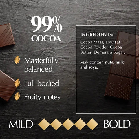 A chocolate bar packaging graphic on a dark slate background, featuring partial chocolate pieces, a white text box reading '99% COCOA' and 'INGREDIENTS:', flavor descriptors 'Masterfully balanced', 'Full bodied', and 'Fruity notes', and a 'MILD BOLD' rating with gold diamond icons.