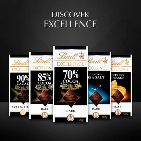 Lindt Excellence chocolate bars with various cocoa percentages on a dark background