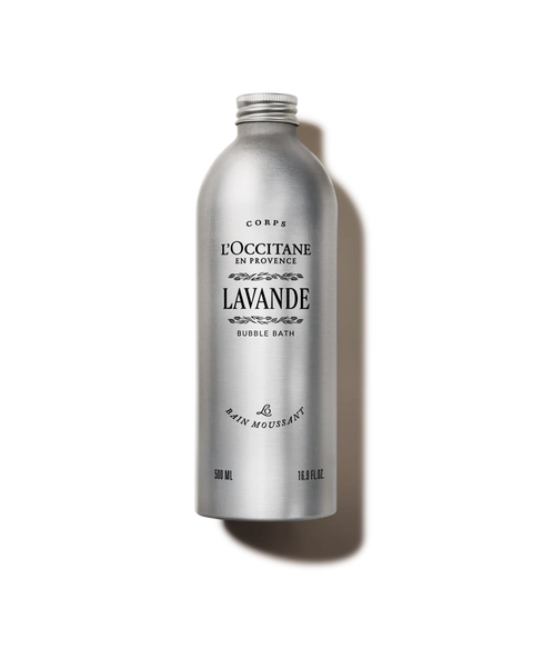 A silver metallic bottle of L'Occitane Lavande Bubble Bath on a clean white background with a soft shadow.
