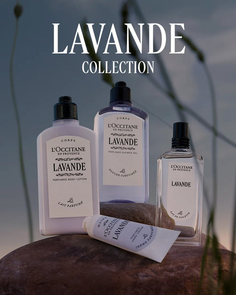 L'OCCITANE Lavande collection with bottles and a tube on a natural background