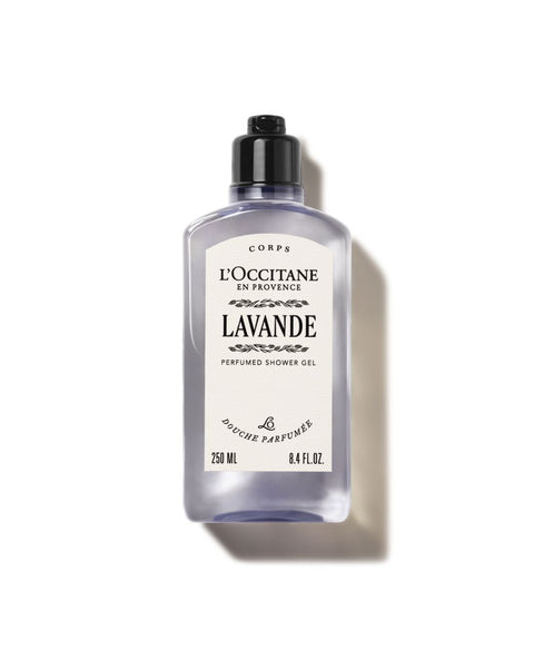 A bottle of L'Occitane en Provence Lavande Perfumed Shower Gel, 250 ml, featuring a white label and black cap on a clean white background with a soft shadow.