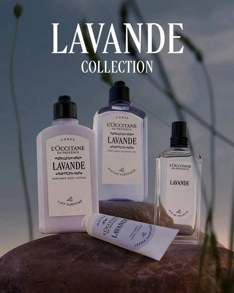 L'OCCITANE Lavande collection with bottles and a tube on a natural background