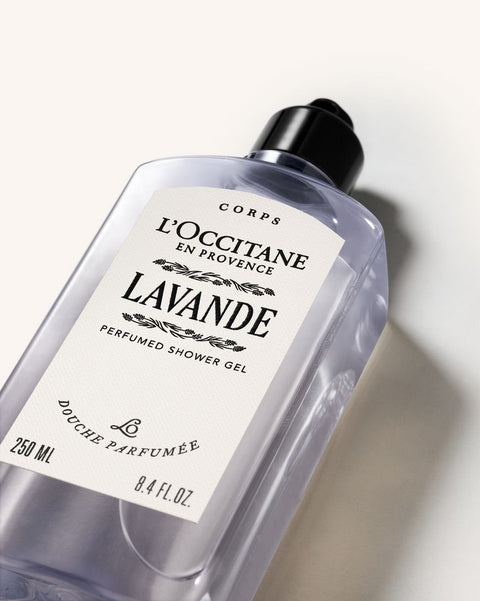 L'Occitane Lavande shower gel bottle on a white background