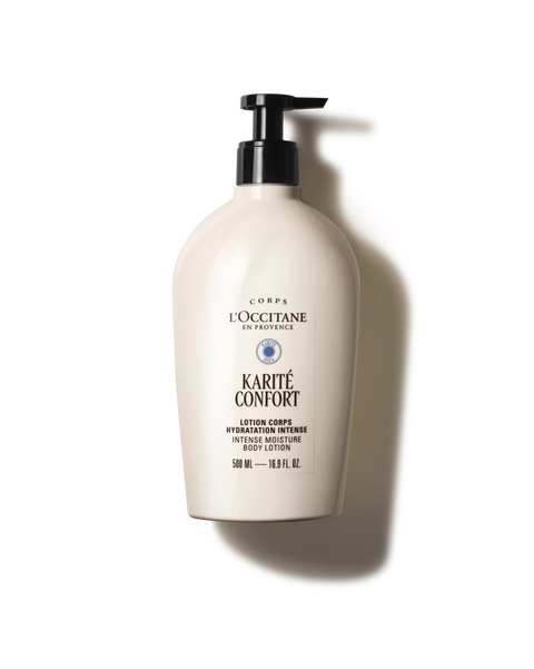 A 500 ml bottle of L'Occitanie Karité Confort Intense Moisture Body Lotion on a white background with a soft shadow.