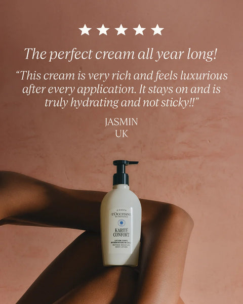 A bottle of Longmeyer Karate Convict hand cream is shown resting on a person's arm against a warm dusty pink background, with promotional text and five stars above.