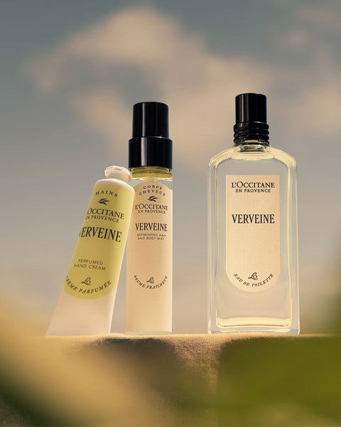 L'Occitane Vérveine skincare products with a blurred natural background