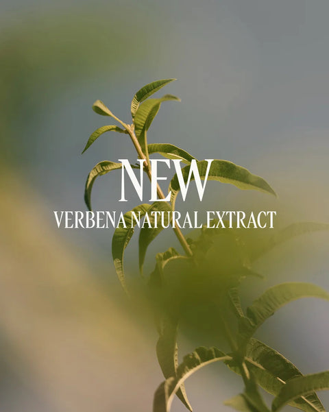 A close-up photograph of green verbena leaves with a soft, blurred natural background, overlaid with the text 'NEW VERBENA NATURAL EXTRACT' in white serif lettering.