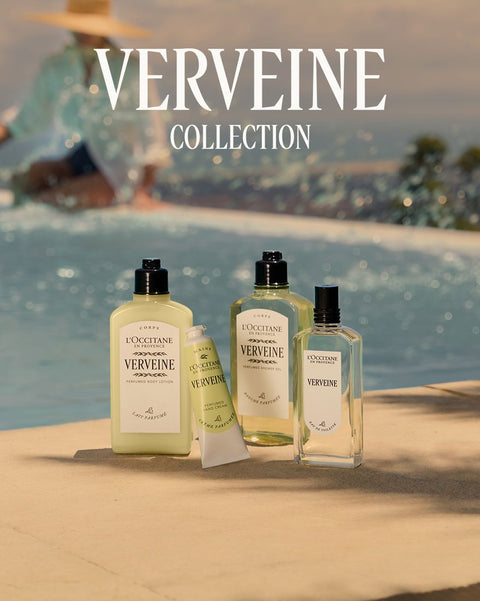 L'Occitane Verveine collection products by a poolside with 'VERVEINE COLLECTION' text.