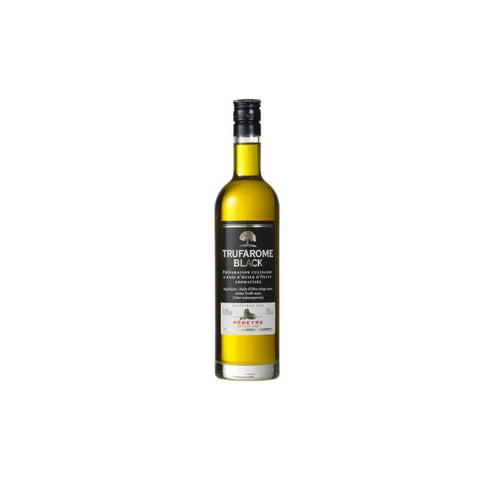 A bottle of Perchicori Trufarome Black truffle oil, featuring a dark black label and black cap, filled with golden-yellow oil, set against a plain white background.