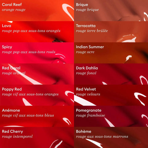 Color swatches with names and descriptions on a red background