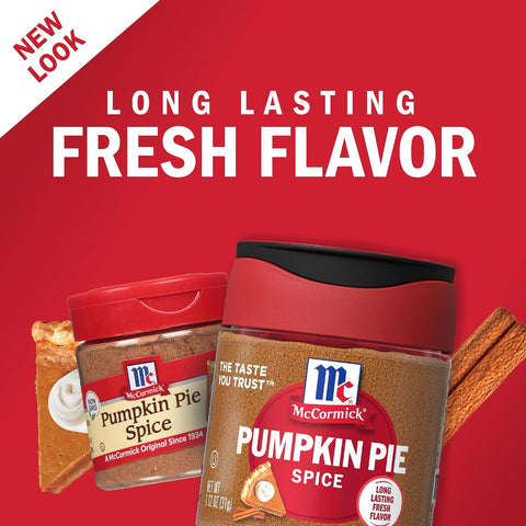 Two jars of McCormick Pumpkin Pie Spice on a red background with text about long-lasting fresh flavor.