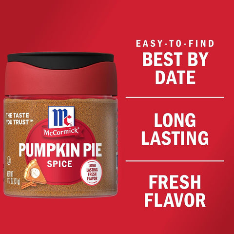Jar of McCormick Pumpkin Pie Spice on a red background with text highlighting features.