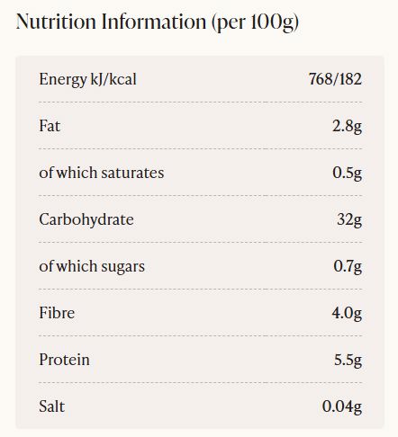 A nutrition information label showing per 100g values for energy, fat, carbohydrates, fibre, protein, and salt on a light beige background.