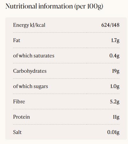 Nutritional information label showing values per 100g, including energy, fat, carbohydrates, fibre, protein, and salt, on a light beige background.