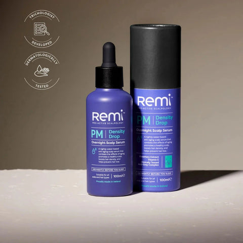 Remi PM Density Drop scalp serum bottle and packaging on a neutral background