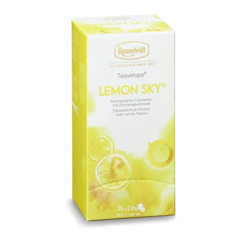 A box of Ronnefeldt Teavelope Lemon Sky fruit infusion tea, featuring a white and yellow packaging design with lemon illustrations, set against a plain white background.