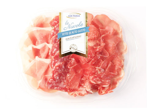 A clear plastic tub of sliced cured meat, labeled 'le Nuvole Fette di Alto Gusto' by San Paolo, showing thinly sliced pink and red marbled meat on a white background.