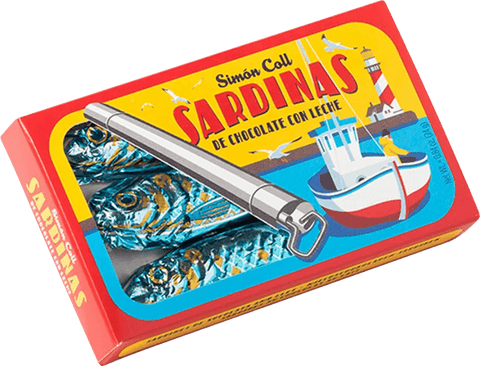 Sardine-shaped chocolate packaging with a lighthouse and boat design on a white background