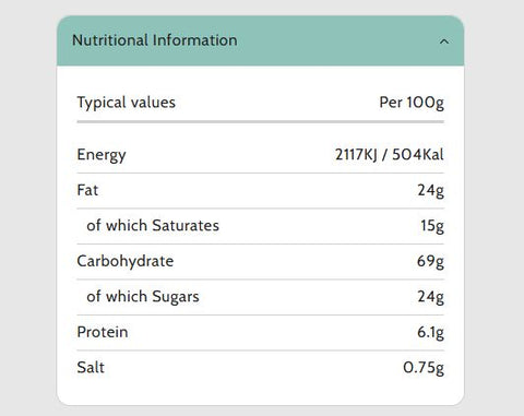 A digital graphic displaying a product's nutritional information label, showing typical values per 100g including energy, fat, carbohydrates, protein, and salt.
