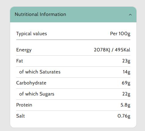 Nutritional information label showing per 100g values for energy, fat, carbohydrate, protein, and salt.