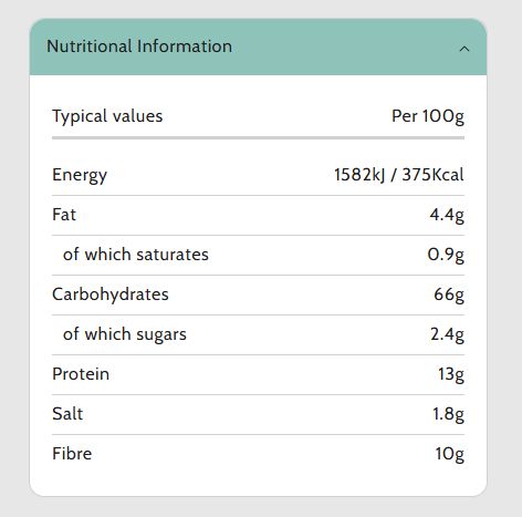 A close-up of a product's nutritional information label showing typical values per 100g, including energy, fat, carbohydrates, protein, salt, and fibre.