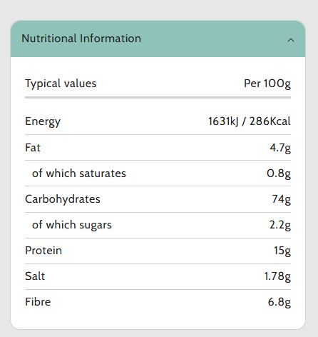 A close-up of a digital nutritional information label showing typical values per 100g, including energy, fat, carbohydrates, protein, salt, and fibre, on a white card with a green header.