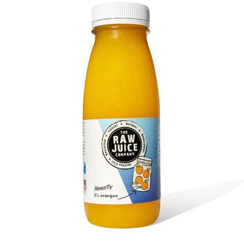 A bottle of The Raw Juice Company Honestly 3% oranges juice, filled with bright orange liquid, featuring a white and blue label with an illustration of oranges, set against a plain white background.