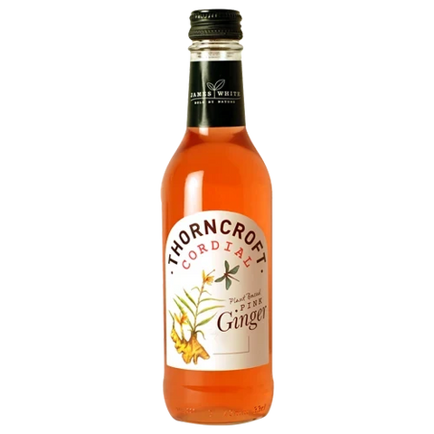 A bottle of Thorncroft Cordial Ginger spirit mixed drink, featuring a white label with ginger illustrations and a black neck label, set against a plain white background.