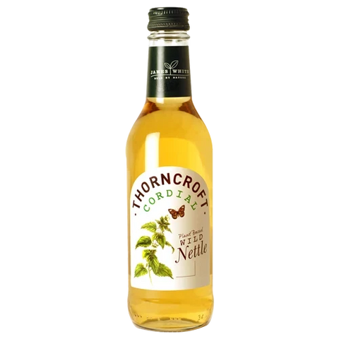 A bottle of Thorncraft Cordial Wild Nettle non-alcoholic cordial drink, featuring a white label with green nettle leaves and a butterfly, set against a plain white background.