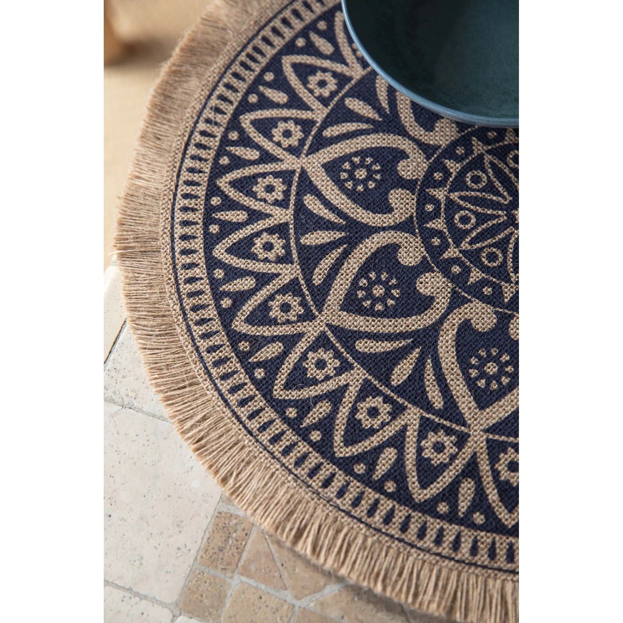 Kitchen Craft place mats. Elaborate blue mandala patterns combine with natural hessian on these Creative Tops jute placemats.